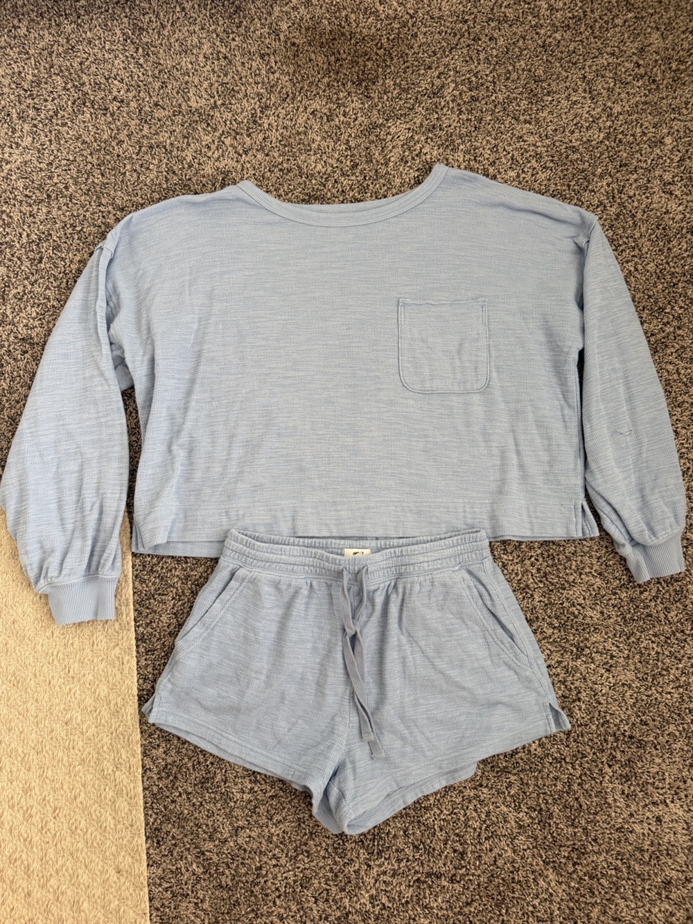 aerie Light Blue Long Sleeve Crop Top & Lounge Shorts Set